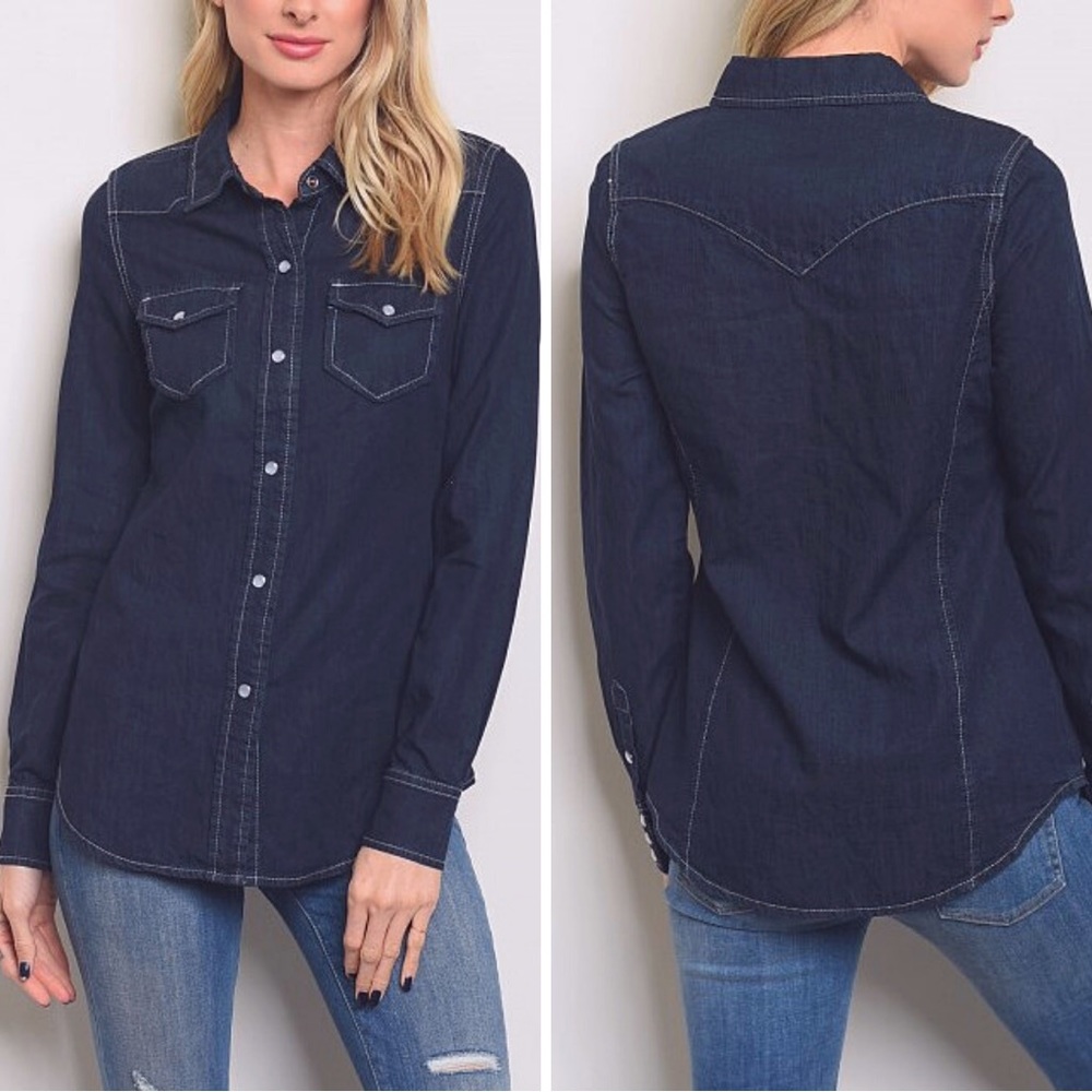 Denim Dark Wash Mother of Pearl Snap Up Feminine Staple 100% Cotton Classic SML